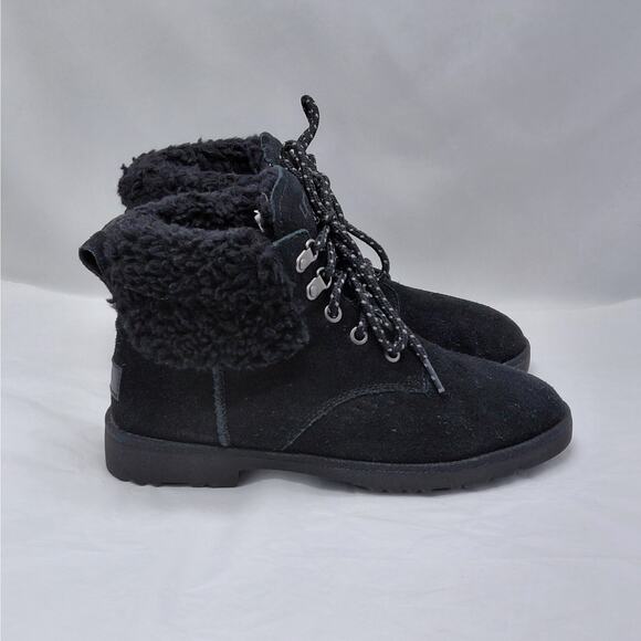 UGG Womens Boots Size 6 Black Suede Shearling Fur Lined Winter Ankle Lace Up New - Picture 1 of 12